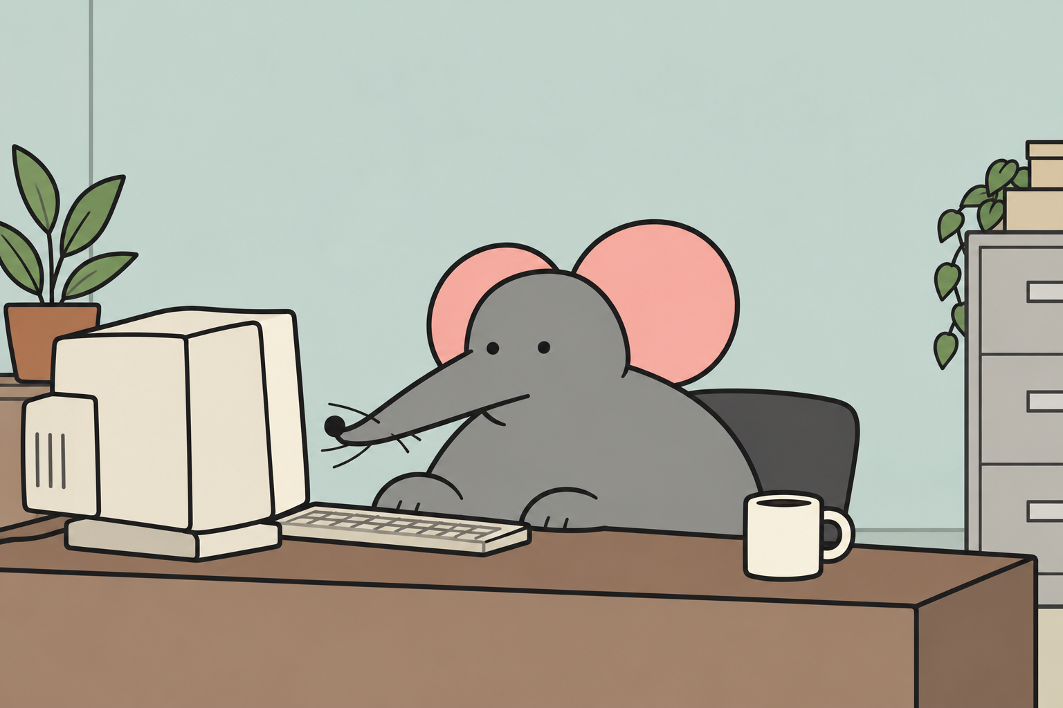 An absurd flat grey rat with a long nose ignoring its office job